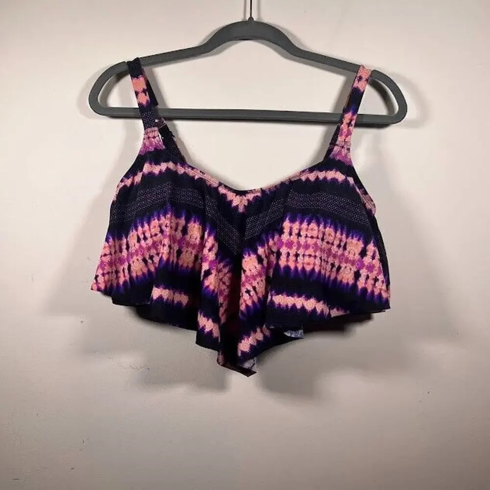 TORRID Tie Dye Geometric Print Flounce Bikini Top Purple Black Coral Size XL
